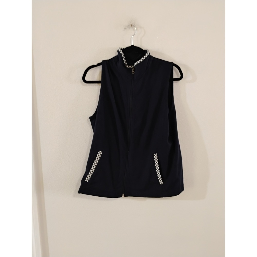 Talbots Navy Blue Gingham Trim Mock Neck Full Zip Vest Large Cotton Spandex